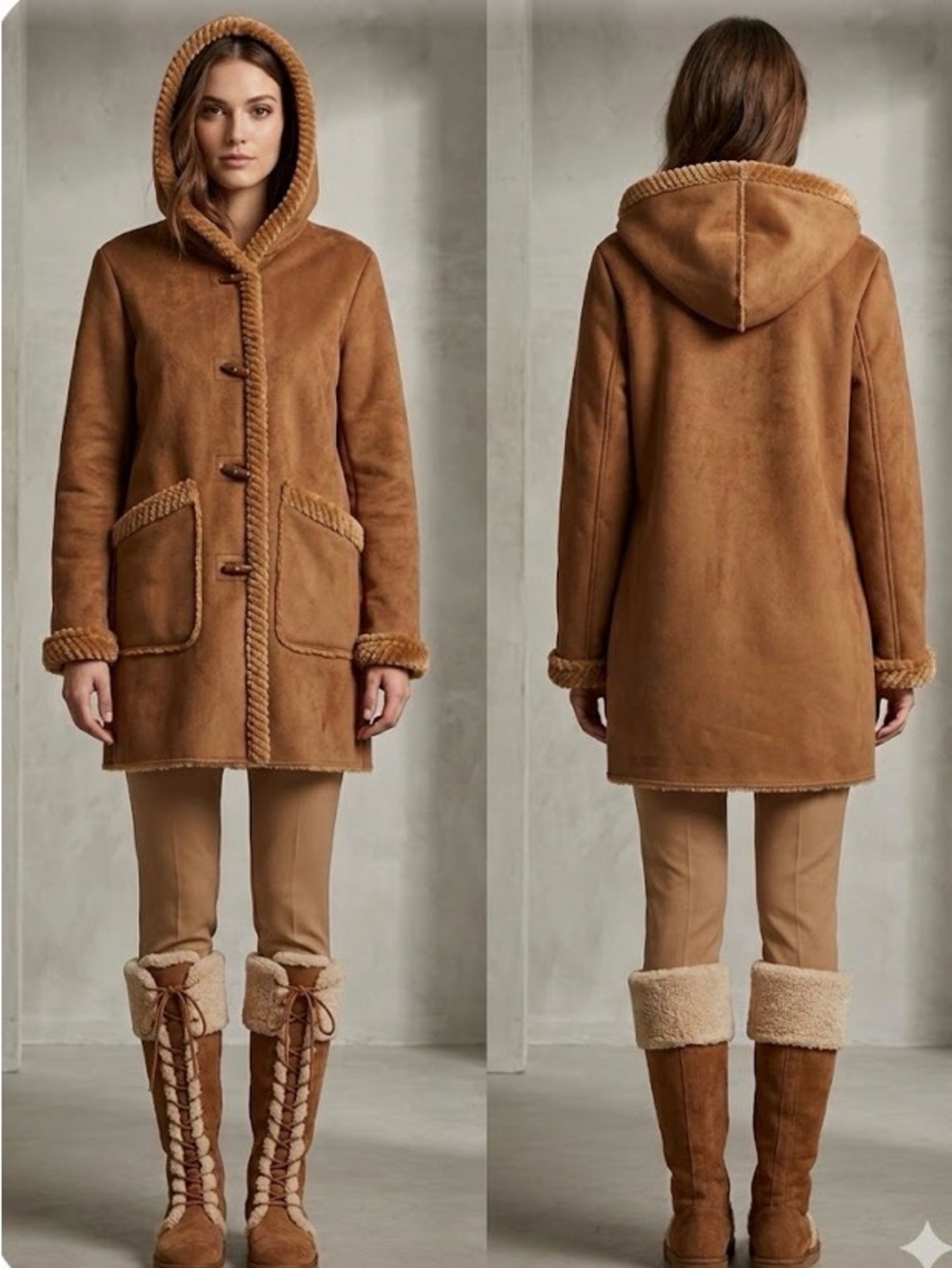 Vintage St Joh’s Bay Faux Suede Fur Braided Trim Hood Shearling Old Money Coat S